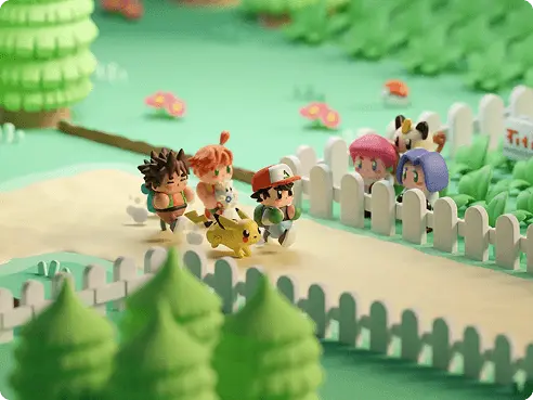 Pokemon 3D scene with characters walking on a path